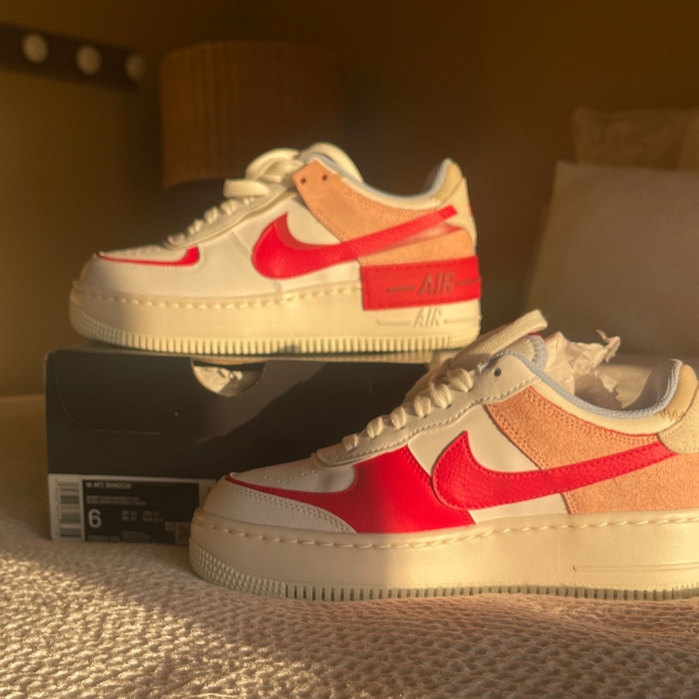 Nike Air Force 1 White and Red Shadow Sneakers. Perfect Spring shoe!
